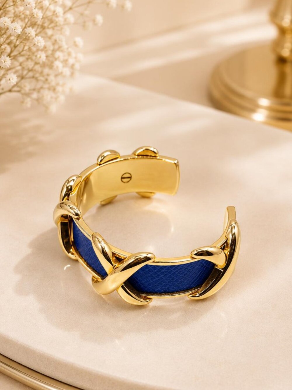 Authentic Hermès Collier de Chien CDC Blue Leather Gold Cuff Bracelet Luxury